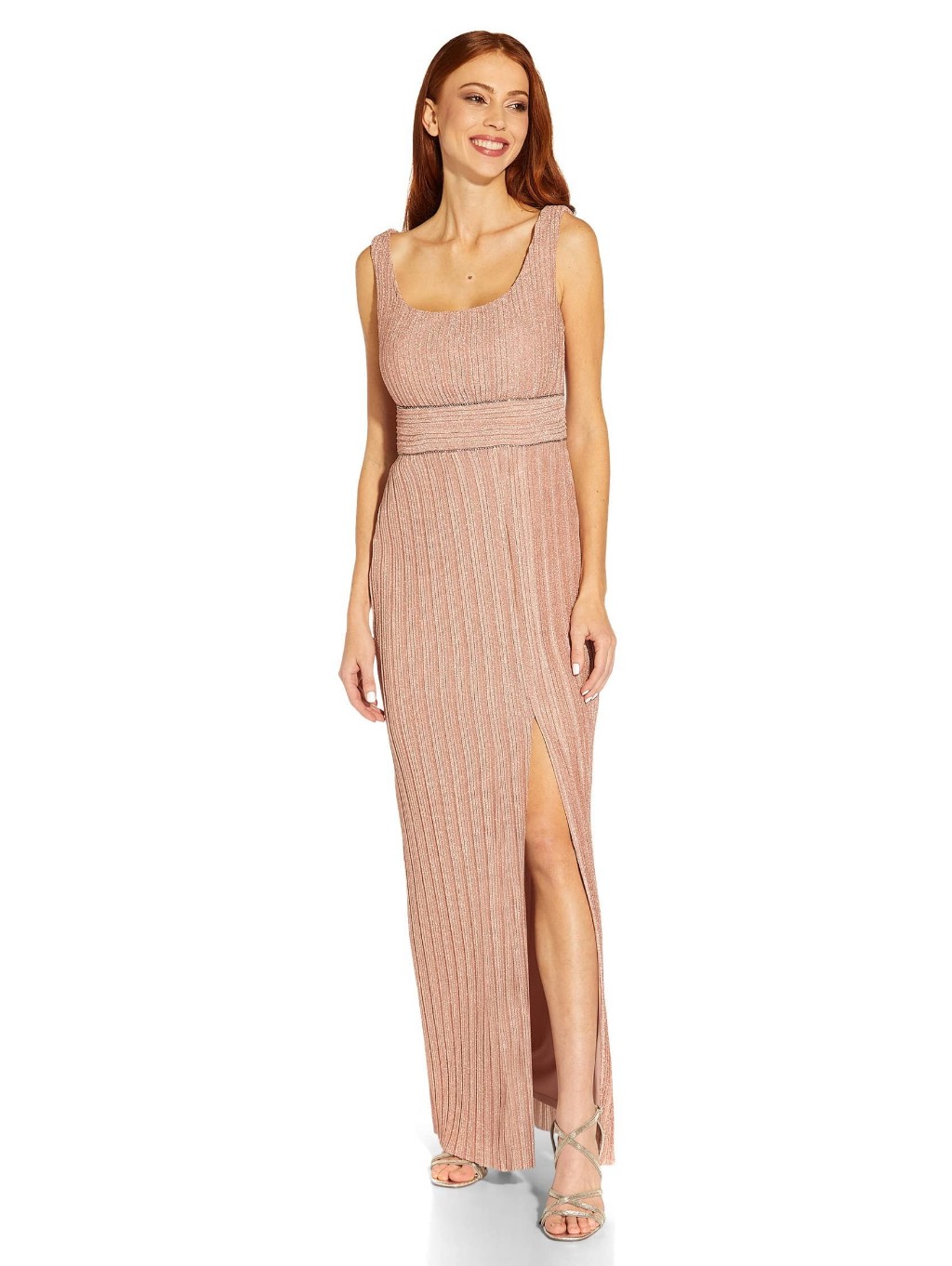 Adrianna Papell Women's Metallic Long Gown, Rose Gold, Shiny, Sparkle, Slit, 6